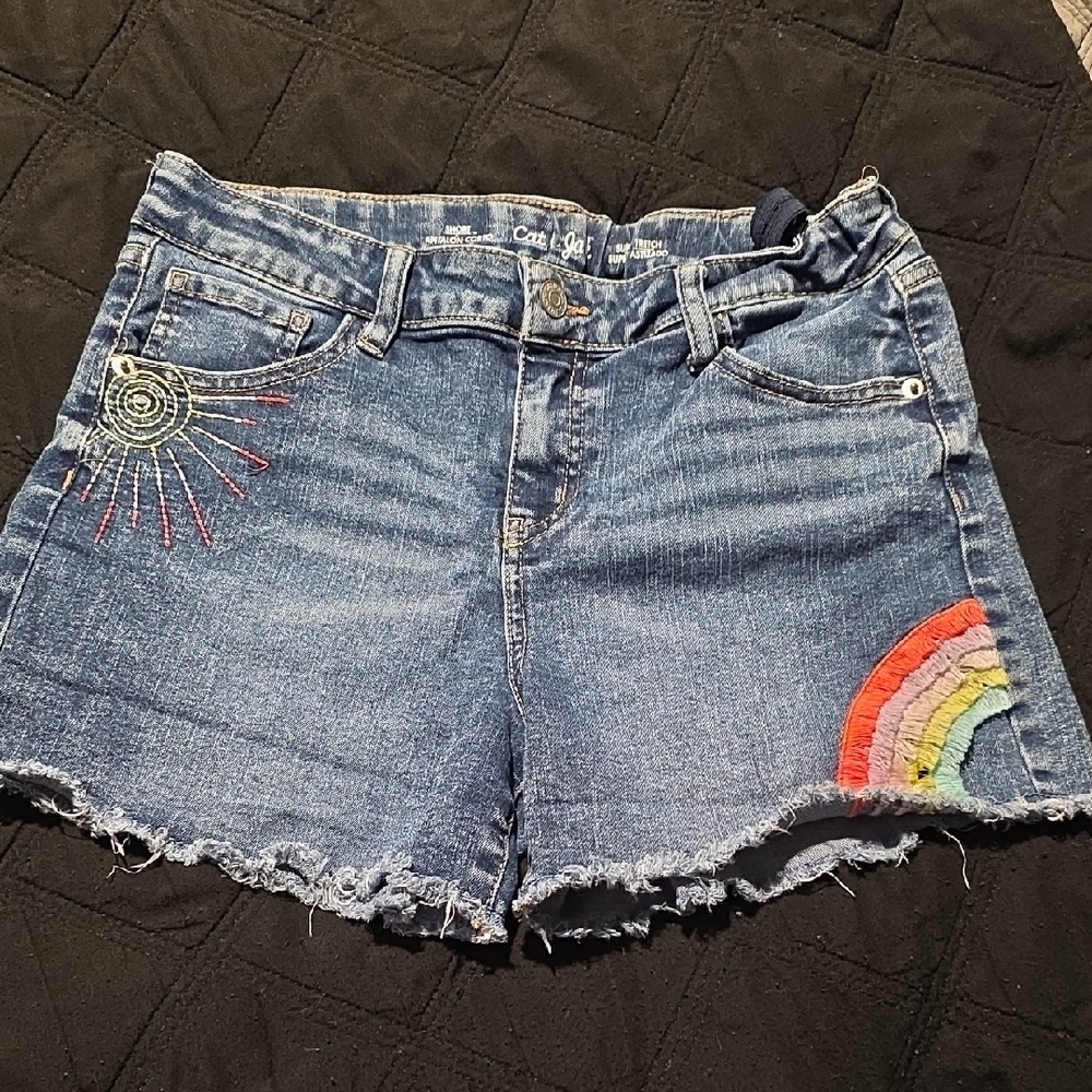 Cat & Jack Blue Denim Shorts with Rainbow & Sun Embroidery